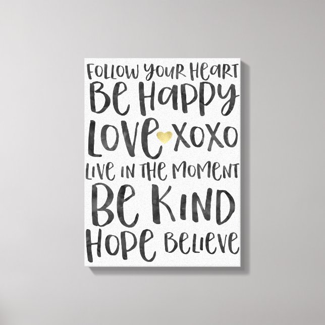 Black Watercolor Inspirational Words Gold Heart Canvas Print (Front)