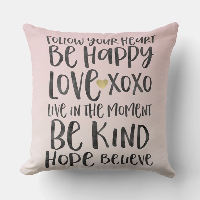 Black Watercolor Inspirational Words Gold Heart Cushion (Front)