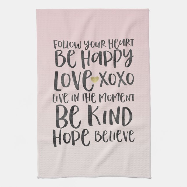 Black Watercolor Inspirational Words Gold Heart Tea Towel (Vertical)