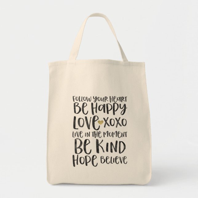 Black Watercolor Inspirational Words Gold Heart Tote Bag (Front)