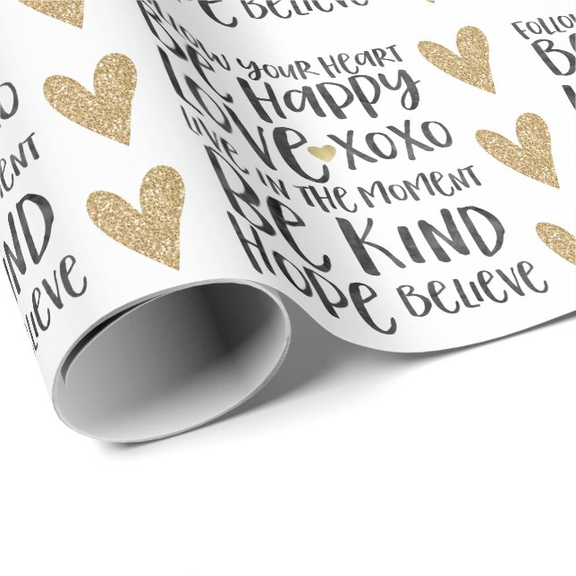 Black Watercolor Inspirational Words Gold Heart Wrapping Paper (Roll Corner)