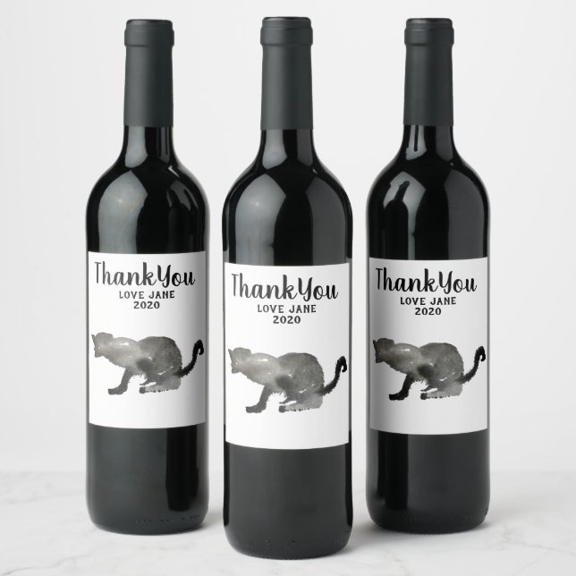 Black watercolor kool kitty cat wine label (Bottles)