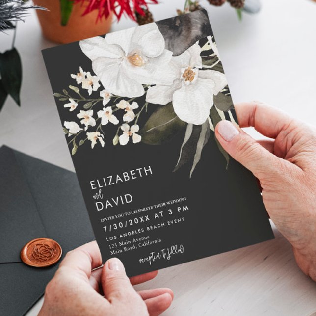 Black Watercolor Modern Luxury Orchid  Wedding Invitation (Creator Uploaded)