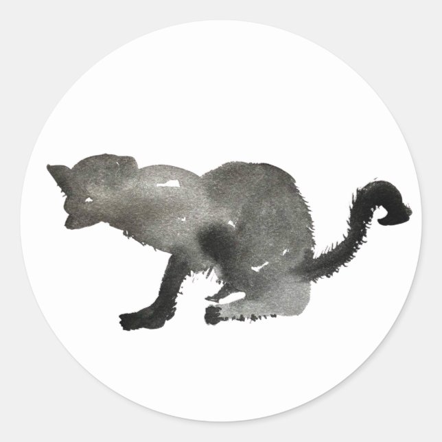 Black watercolor monochrome cat classic round sticker (Front)