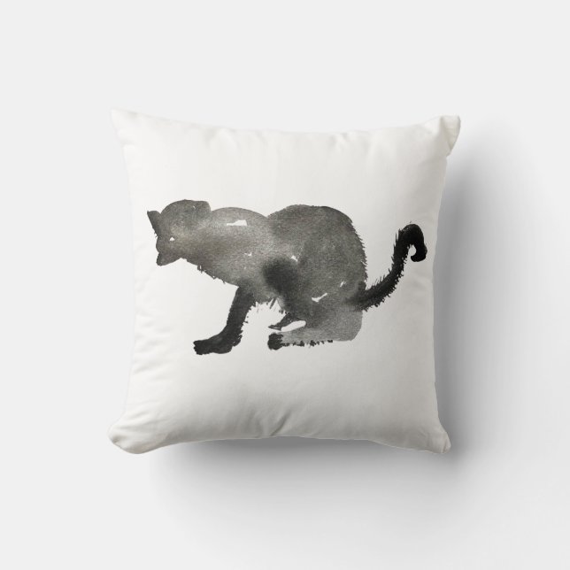 Black watercolor monochrome cat cushion (Front)