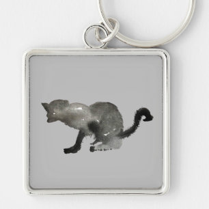 Black watercolor monochrome cat key ring