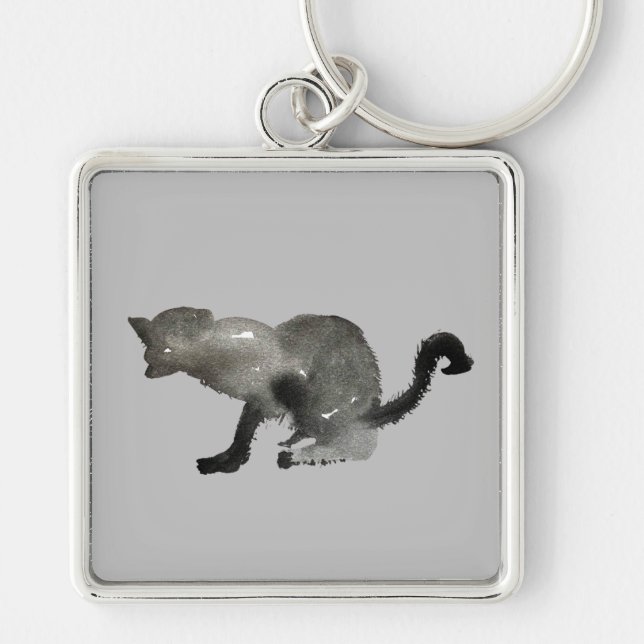 Black watercolor monochrome cat key ring (Front)