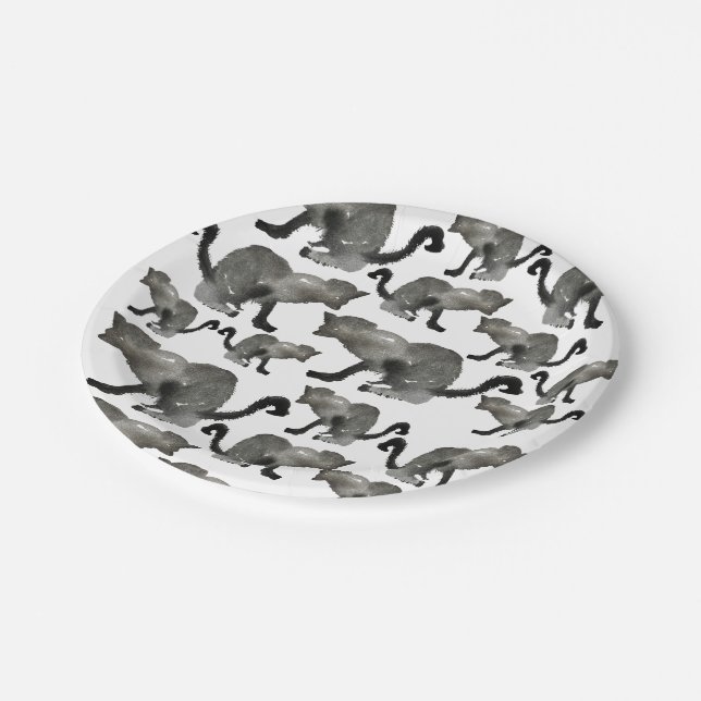 Black watercolor monochrome cat paper plate (Angled)