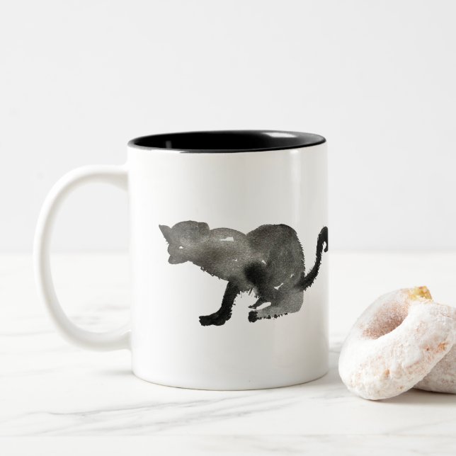 Black watercolor monochrome cat Two-Tone coffee mug (With Donut)