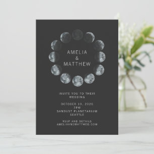 Black Watercolor Moon Phases Celestial Wedding Invitation