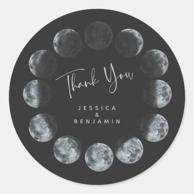 Black Watercolor Moon Phases Personalised  Classic Round Sticker (Front)