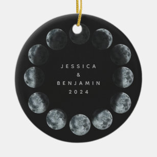 Black Watercolor Moon Phases Personalised Couple Ceramic Tree Decoration