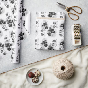 Black Watercolor Original Oriental Flowers Wrapping Paper