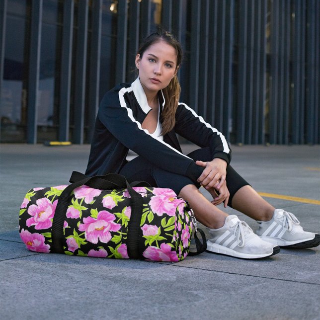 Black Watercolor Peonies Floral Duffle Bag (Creator Uploaded)