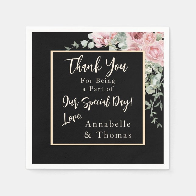 Black Watercolor Pink Floral Wedding Napkin (Front)