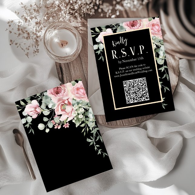 Black Watercolor Pink Floral Wedding RSVP Card (Black Pink and Gold Floral Boho Wedding RSVP)
