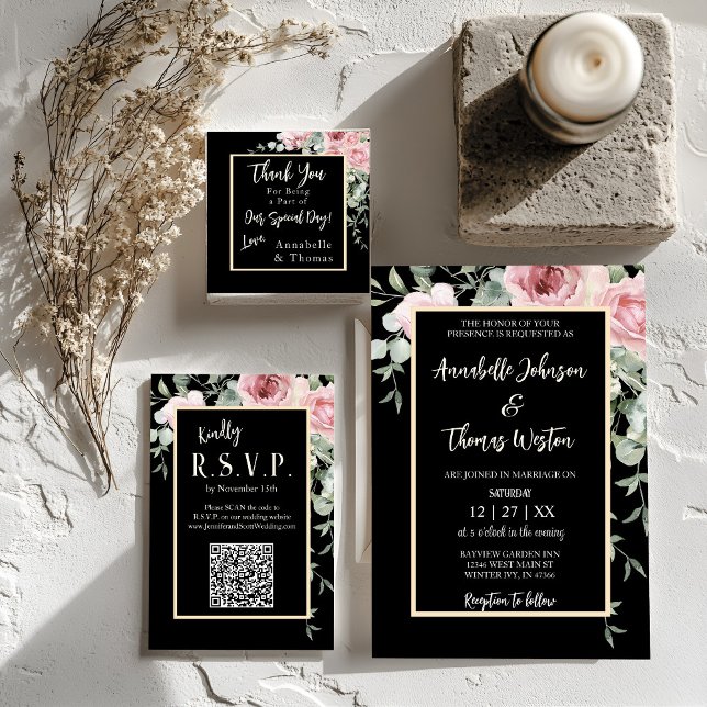 Black Watercolor Pink Floral Wedding Square Sticker (Square sticker floral boho black and pink design with matching wedding invitation and RSVP.)