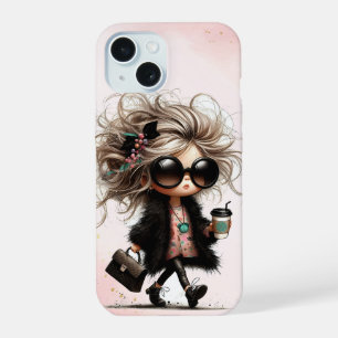 Black Watercolor Quirky Urban Girl Coffee Run iPhone 15 Case