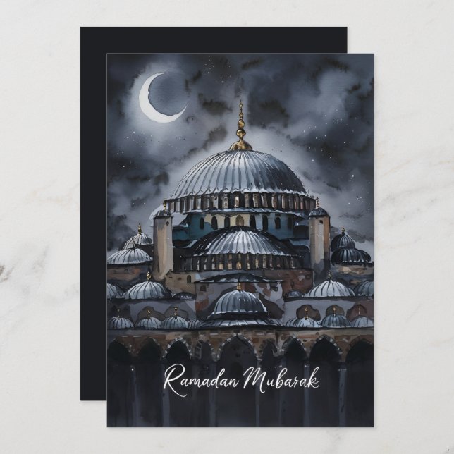 Black Watercolor Ramadan Mubarak Mosque moon sky Holiday Card (Front/Back)