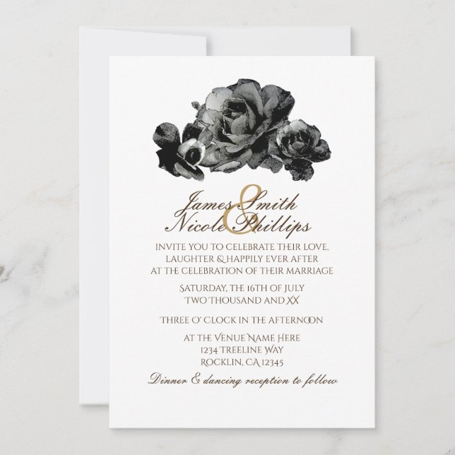 Black Watercolor Roses Elegant Wedding Invitations (Front)