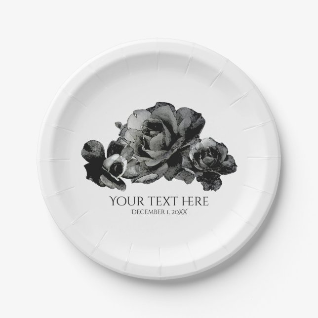 Black Watercolor Roses Elegant Wedding Paper Plate (Front)