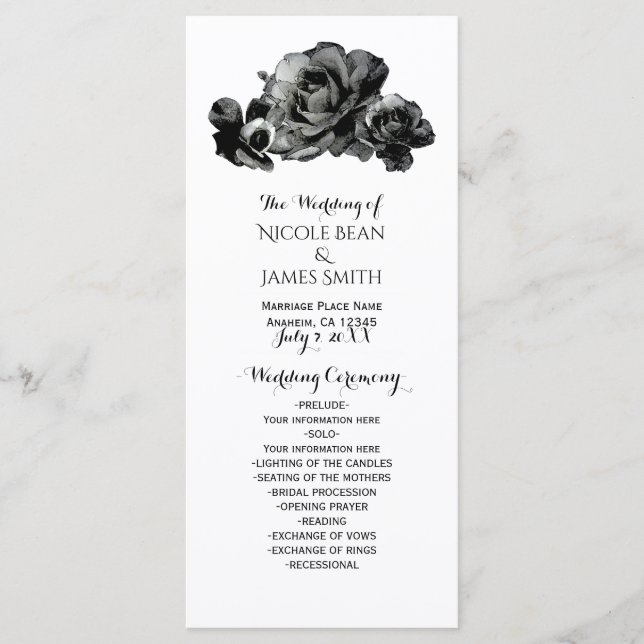 Black Watercolor Roses Elegant Wedding Program Programme (Front)