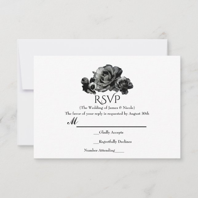 Black Watercolor Roses Elegant Wedding RSVP Card (Front)