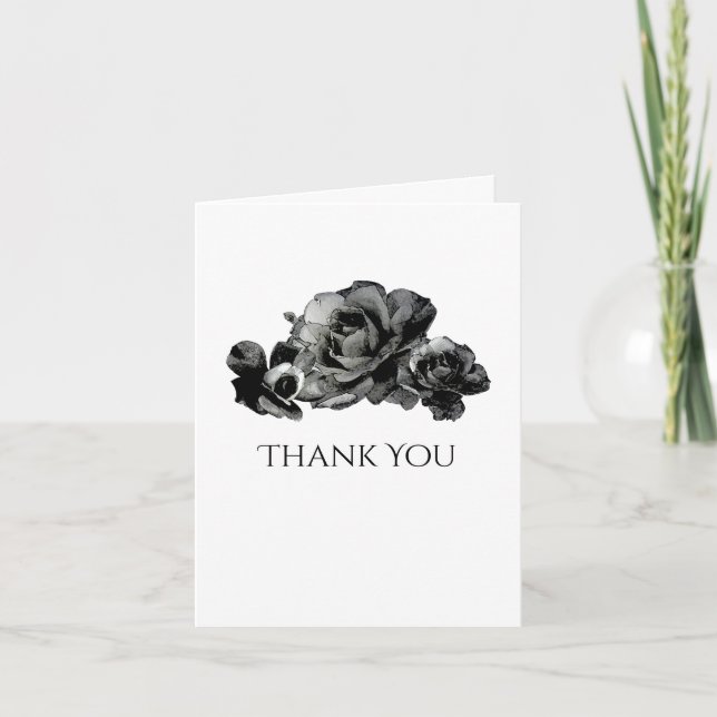 Black Watercolor Roses Wedding Thank You Card (Front)