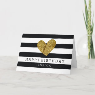 Black Watercolor Stripes Gold Heart Birthday Card