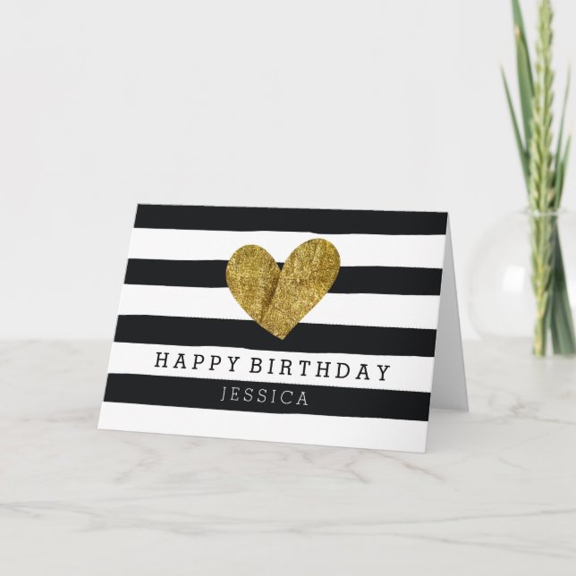 Black Watercolor Stripes Gold Heart Birthday Card (Front)