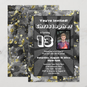 Black Watercolor Teen Boys Birthday Party Photo In Invitation