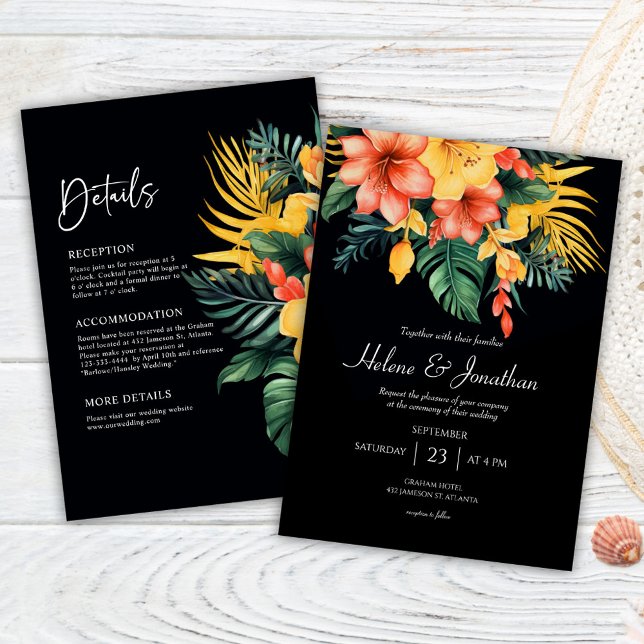 Black Watercolor Tropical All In One Wedding Invitation (Black Watercolor Tropical All In One Wedding Invitation)