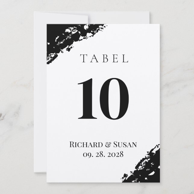 Black Watercolor Wedding Table Number Card (Front)
