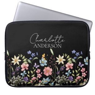 Black Watercolor Wildflower Name Monogram Laptop Sleeve