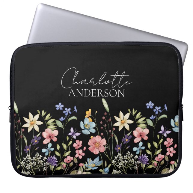 Black Watercolor Wildflower Name Monogram  Laptop Sleeve (Front)