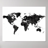 Black Watercolor World Map Grunge Art Travel