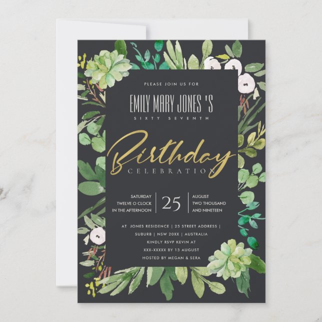 BLACK WATERCOLOR WREATH FOLIAGE ANY AGE BIRTHDAY INVITATION (Front)