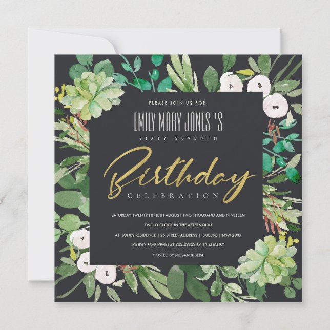 BLACK  WATERCOLOR WREATH FOLIAGE ANY AGE BIRTHDAY INVITATION (Front)