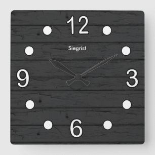 Black Weathered Wood Style with White Numbers Square Wall Clock