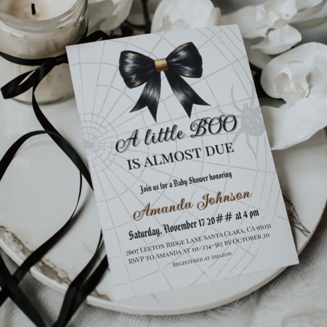 Black Web Halloween Little Boo Bow Baby Shower  Invitation (Creator Uploaded)