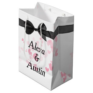 Black Wedding Bow On White With Hearts Medium Gift Bag
