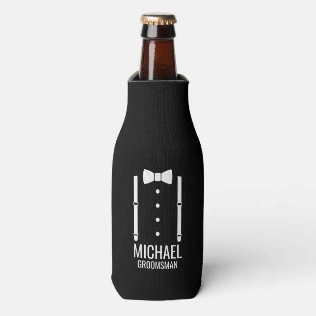 Black Wedding Bow Tie Personalised Groomsmen Bottle Cooler (Bottle Front)