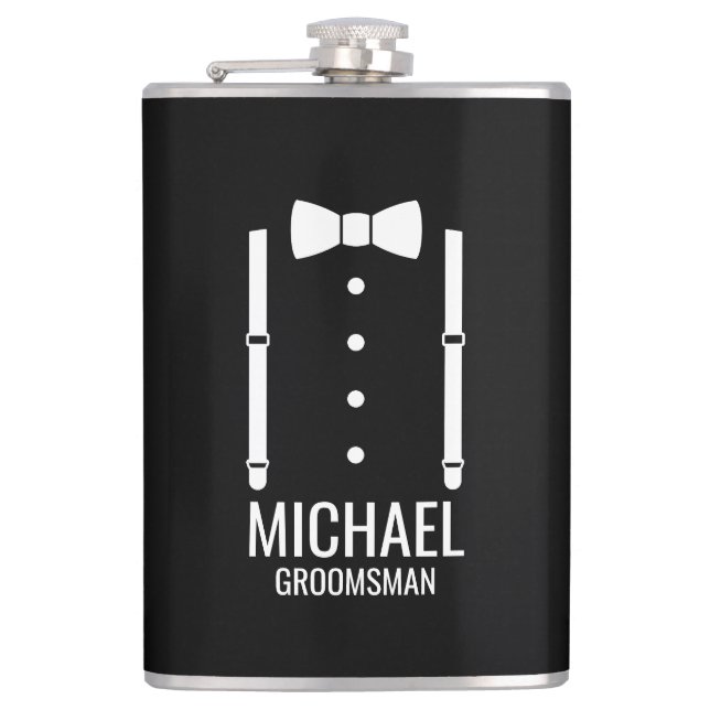 Black Wedding Bow Tie Personalised Groomsmen Hip Flask (Front)