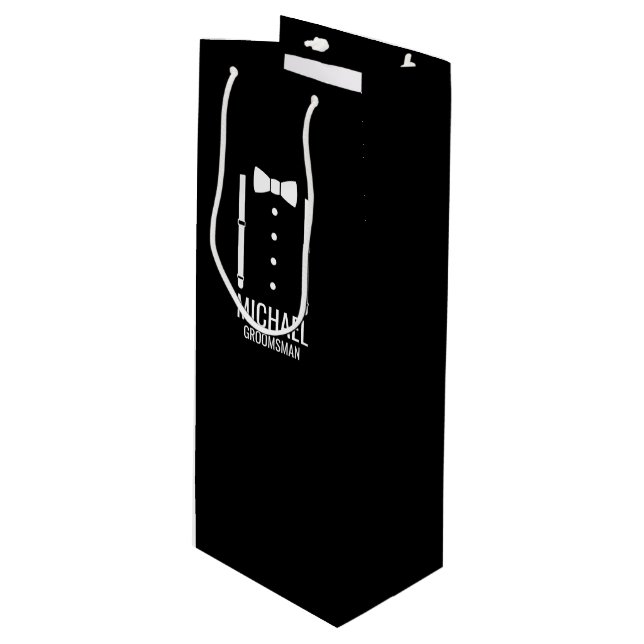 Black Wedding Bow Tie Personalised Groomsmen Wine Gift Bag (Front Angled)