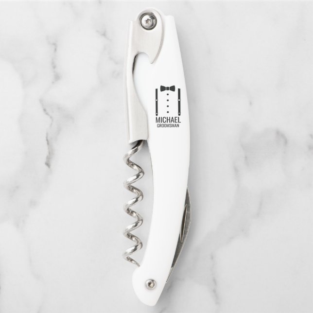 Black Wedding Bow Tie Personalized Groomsmen Corkscrew (Front)