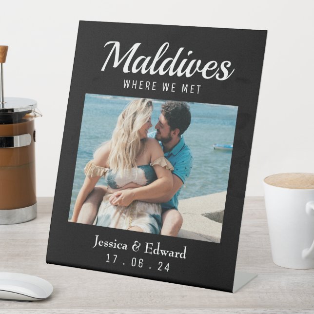 Black Wedding Destination Table Name Couple Travel Pedestal Sign (In SItu)