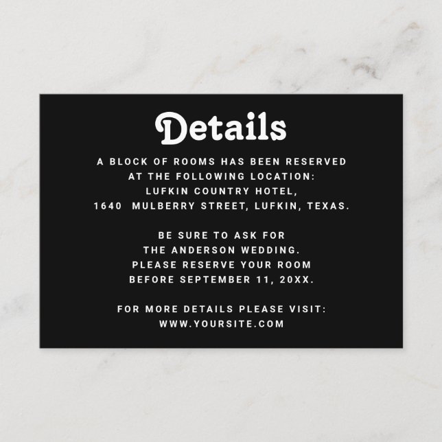 Black Wedding Details | Minimalist Information Enclosure Card (Front)