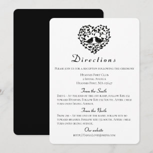 Black Wedding Directions Lovebirds Floral Heart Invitation