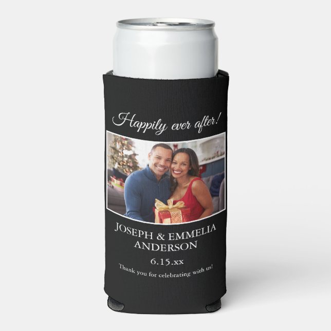 Black Wedding Favour Photo Happily Ever After Seltzer Can Cooler (Seltzer Front)
