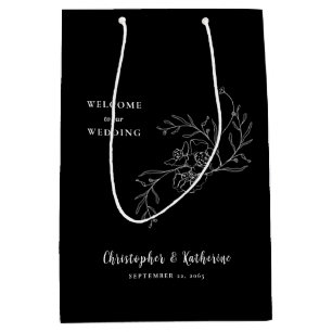 Black Wedding Favour Welcome Vintage Floral Outlin Medium Gift Bag
